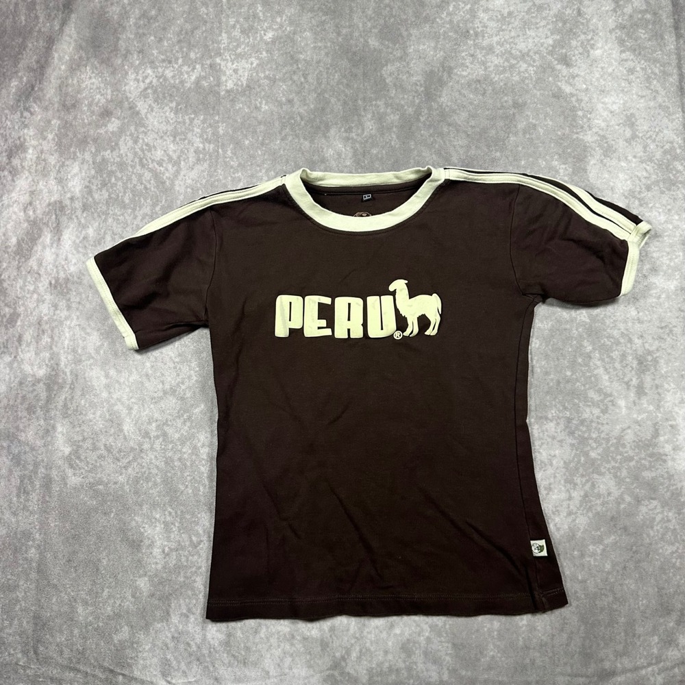 Cuy Arts Peru Llama Ringer T Shirt Juniors L Brown Cream Stripe Souvenir Y2K